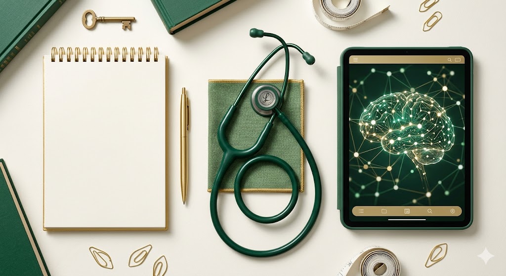 AI Image Generation Prompt: A professional, clinically precise editorial photograph. A modern smartphone rests on a clean, light green medical consultation desk next to a classic stethoscope. The phone screen displays a clean, elegant medical diagnostic workflow interface with checkboxes and medical symbols. The background is a soft-focus clinical room with deep green accents and warm lighting. Highly trusted and academic aesthetic.